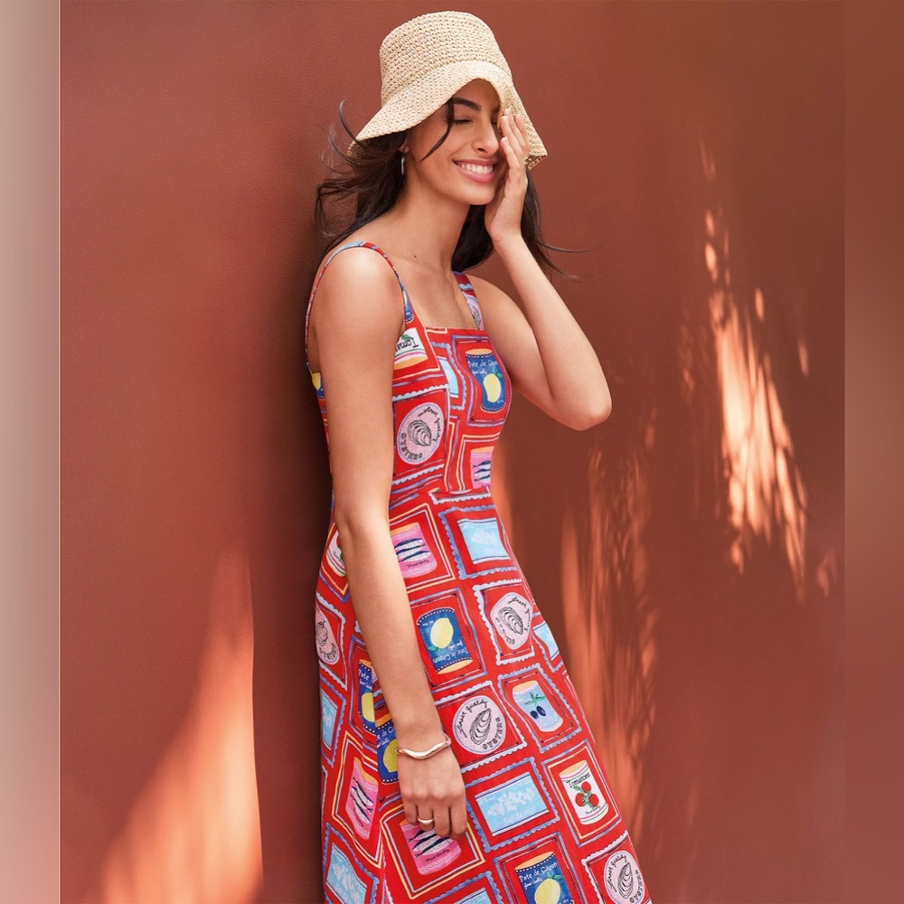 Loft Can Print Linen Blend Strappy Midi Dress